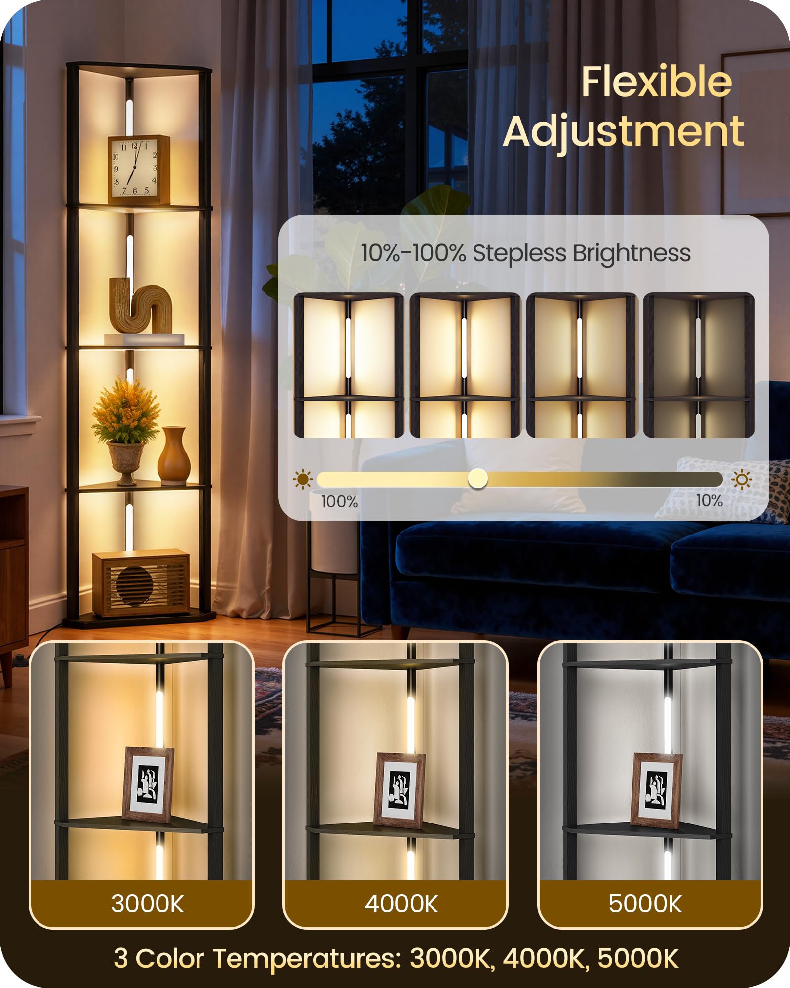 GOEBLESON corner floor lamp with shelves and dimmable LEDs for organized living spaces.