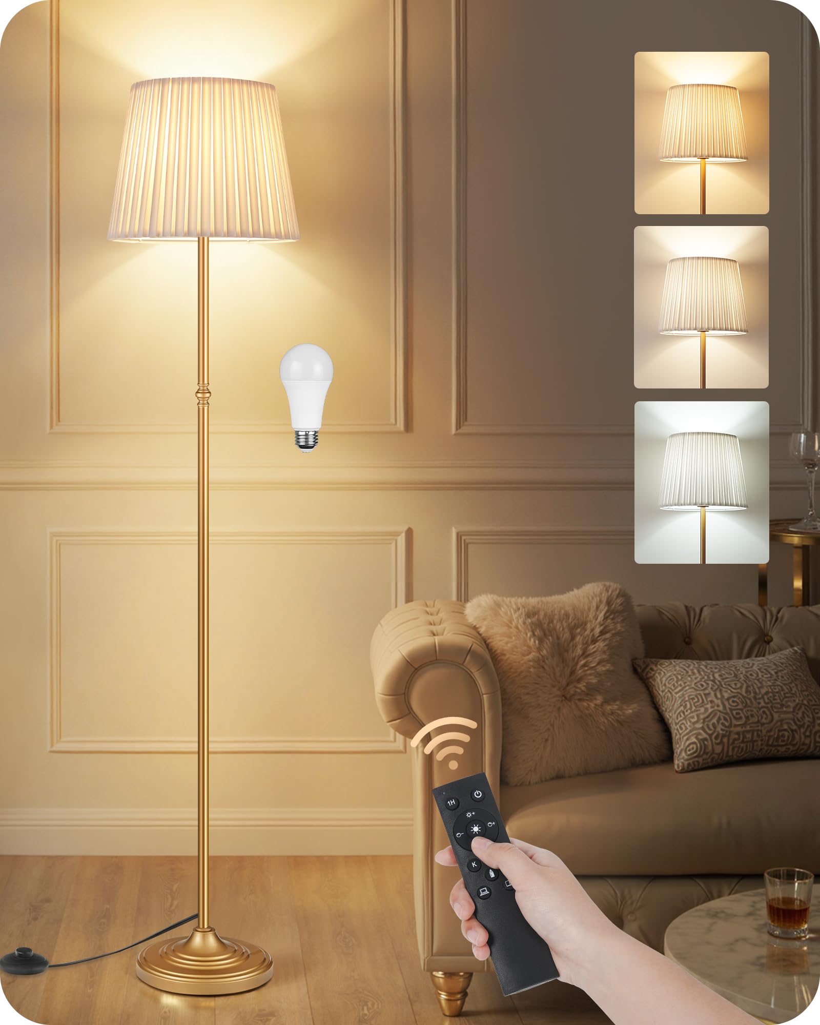 Goebleson dimmable floor lamp stands 68 inches tall with a gold-white finish, ideal for cozy living spaces.