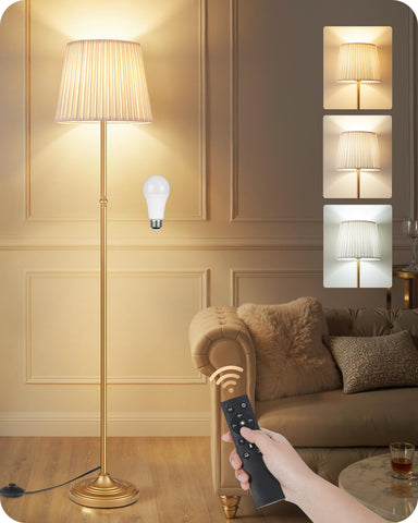 Goebleson dimmable floor lamp stands 68 inches tall with a gold-white finish, ideal for cozy living spaces.