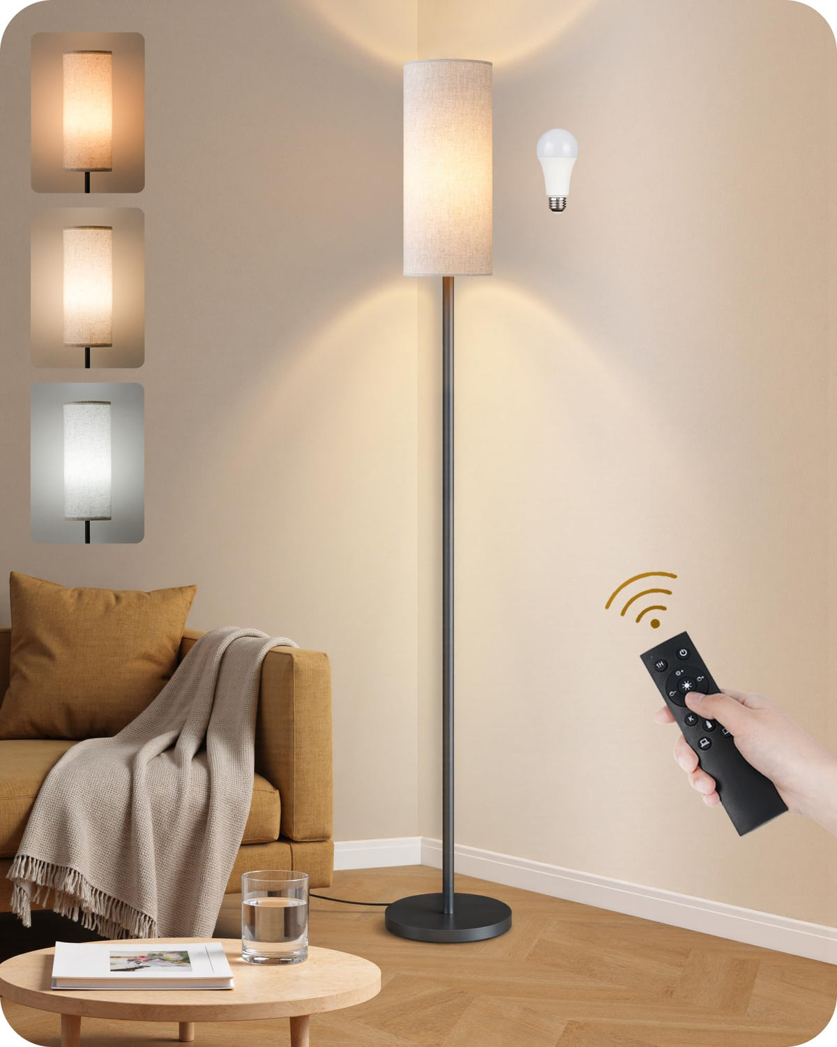 GOEBLESON dimmable floor lamp with remote control for easy living room lighting