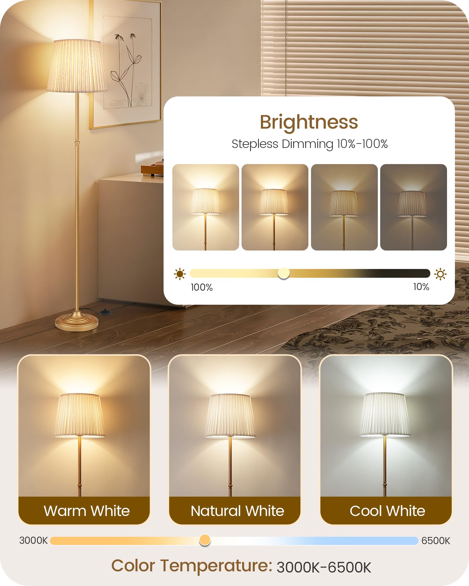 Goebleson 10W included LED bulb delivers adjustable brightness for reading or relaxing.