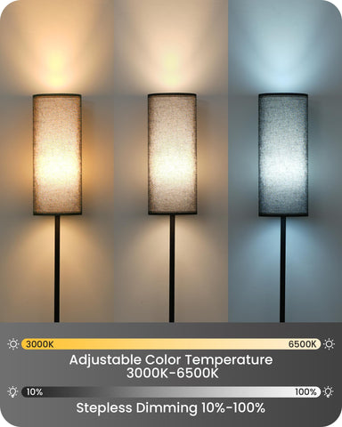 GOEBLESON linen shade on the floor lamp creating warm ambient diffusion