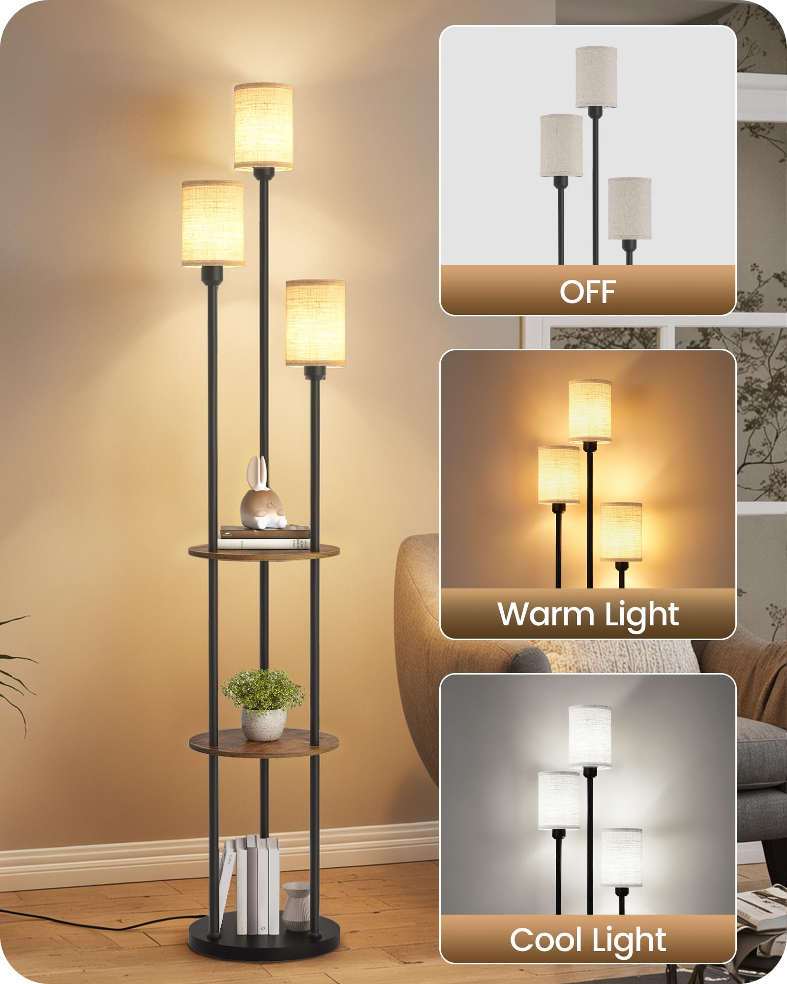 GOEBLESON floor lamp wood shelves detail adds rustic charm