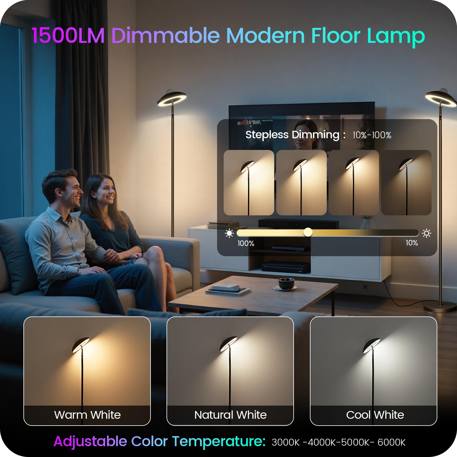 GOEBLESON main light dimmable to 1500 LM with adjustable color temperatures for any mood.