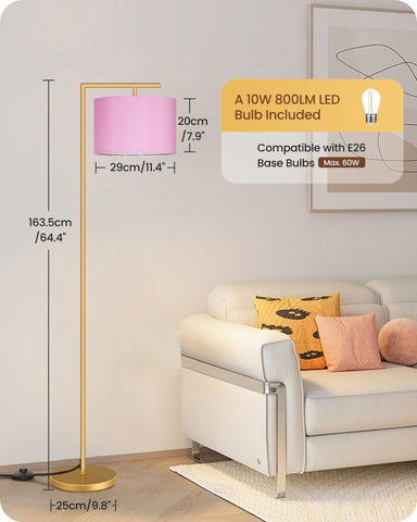 GOEBLESON living-room-setup pink arc-lamp complements desks and sofas.