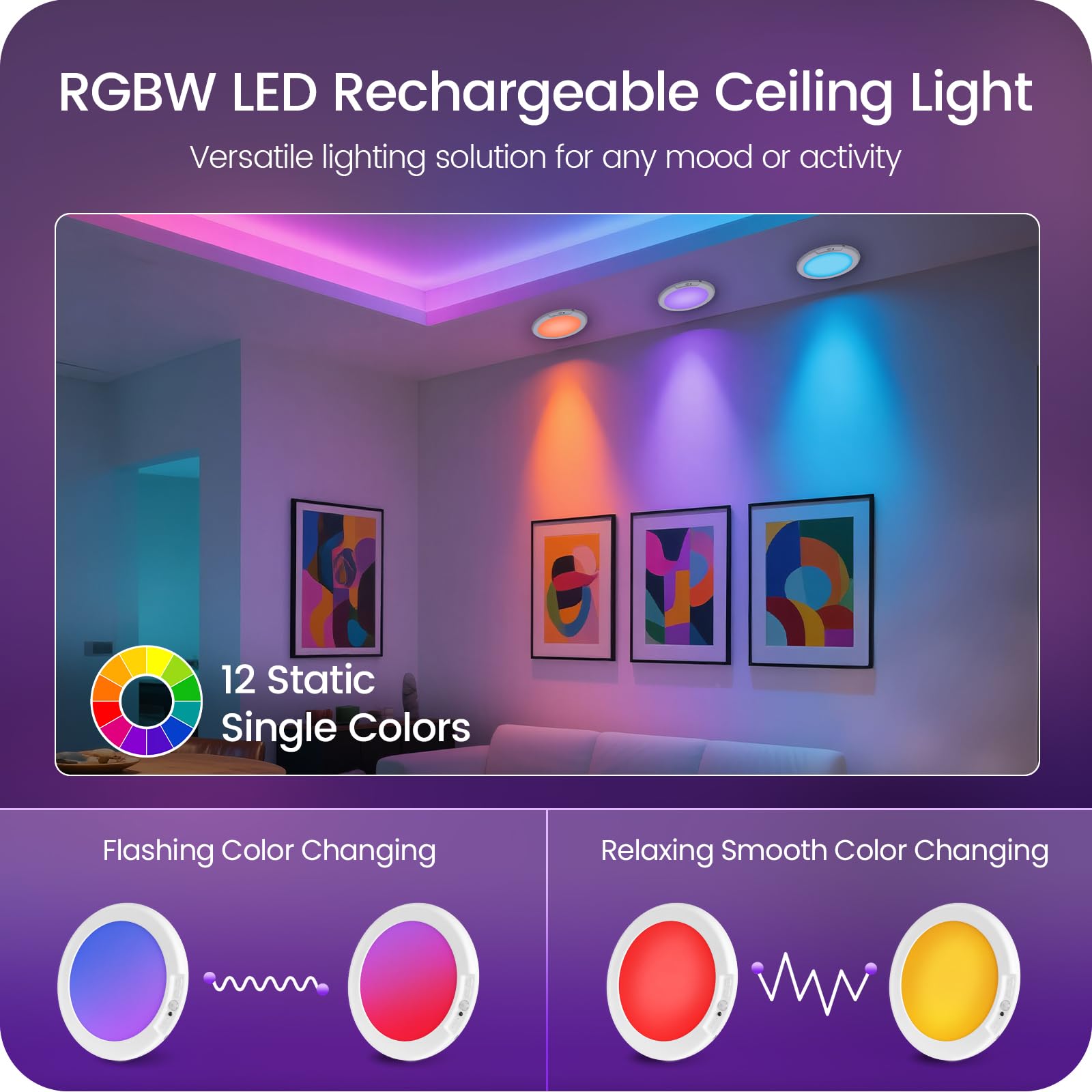 GOEBLESON rechargeable ceiling light with magnetic backplate for easy mounting and recharge.