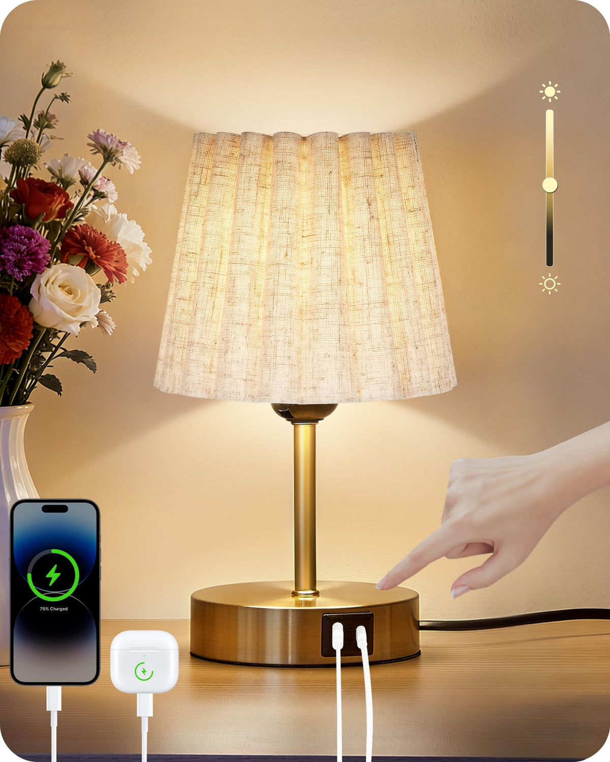 GOEBLESON small bedside lamp front view with warm gold-beige finish