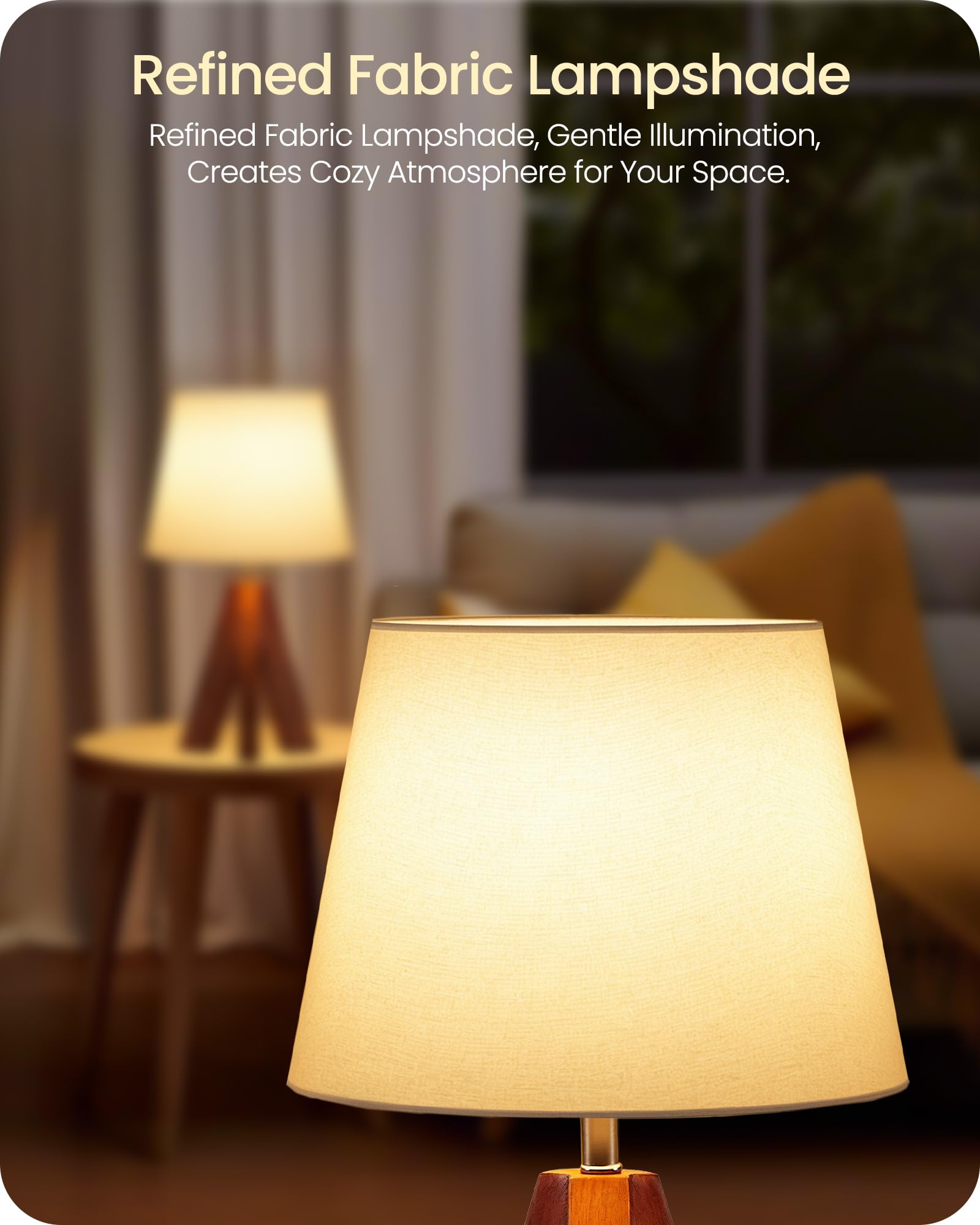 GOEBLESON small tripod lamp with white fabric shade delivers soft light.