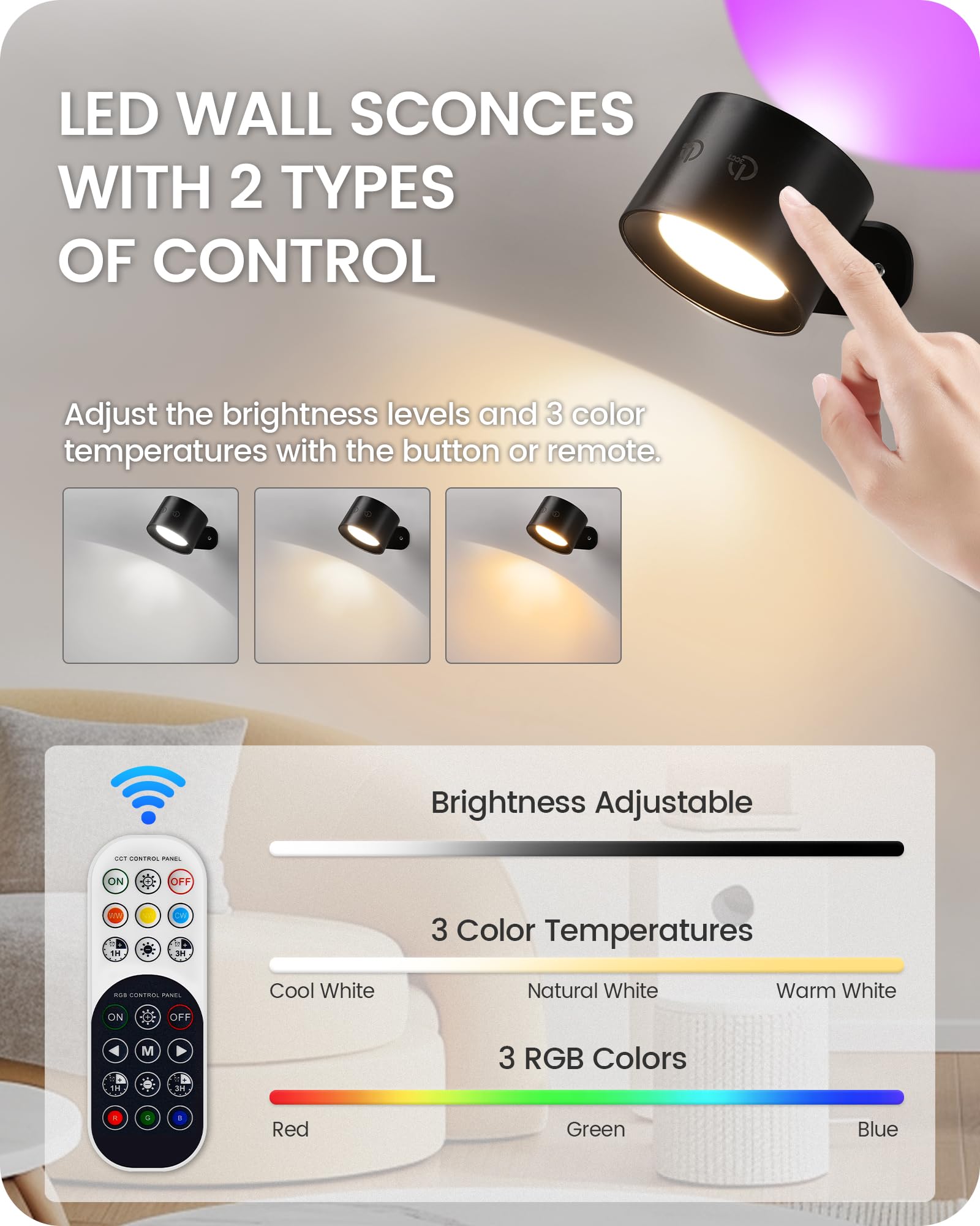 GOEBLESON wall sconce shows 3 color temperatures for mood lighting