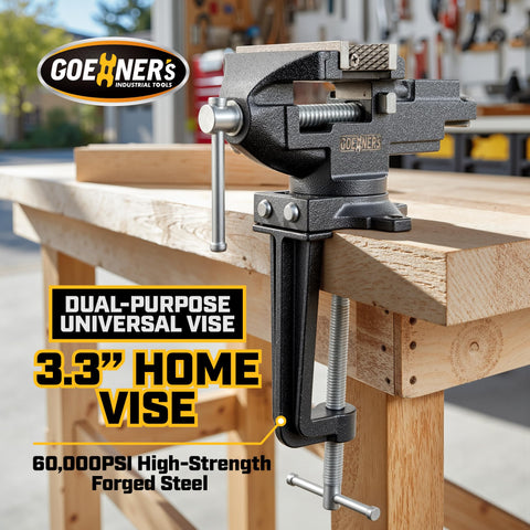 GOEHNER's bench vise shows 360-degree swivel base for versatile positioning during work.