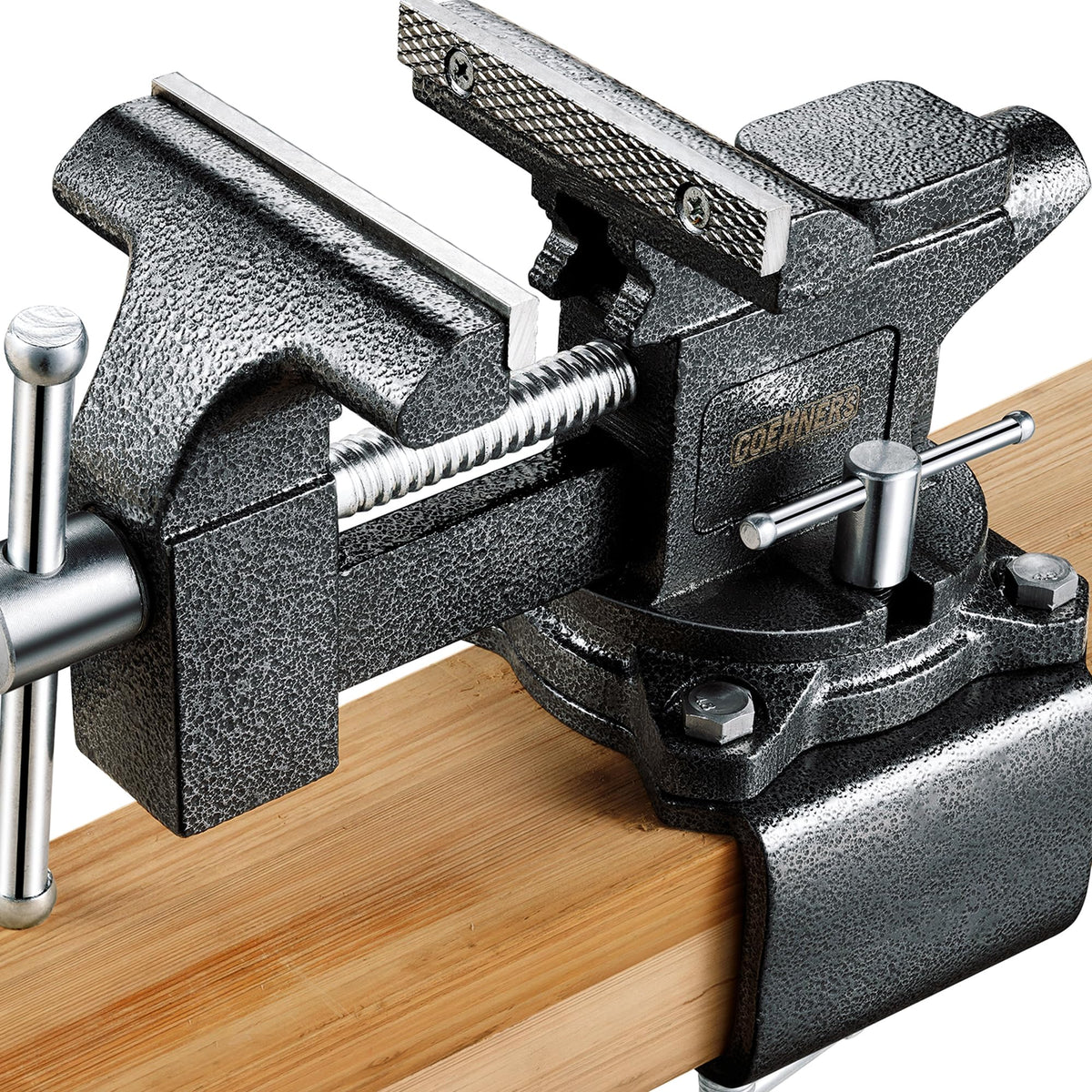 GOEHNER's bench vise 4.5-inch jaw closeup showing strong grip for secure clamping.