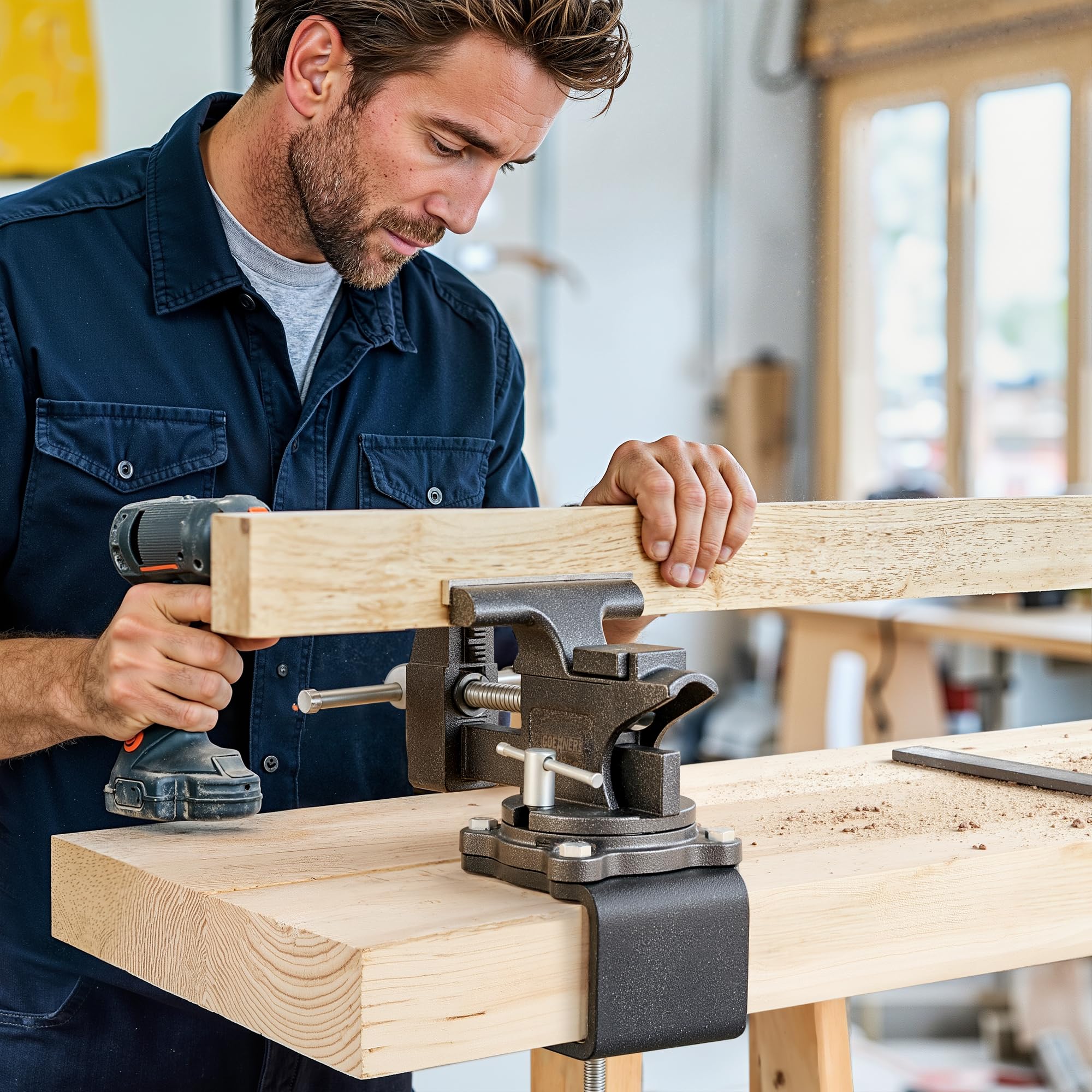 GOEHNER's bench vise clamp-on-table option secures work without drilling.