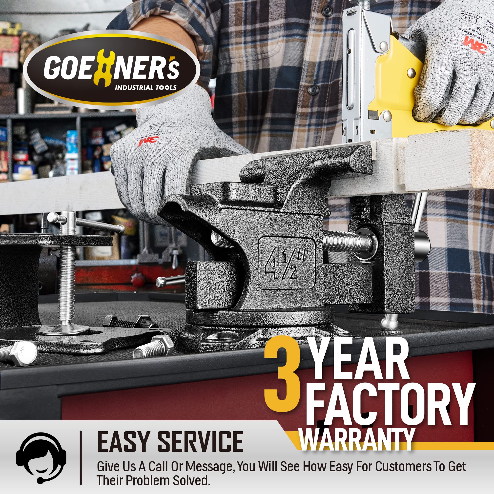 GOEHNER's bench vise built in heavy-duty cast iron ensures durability.