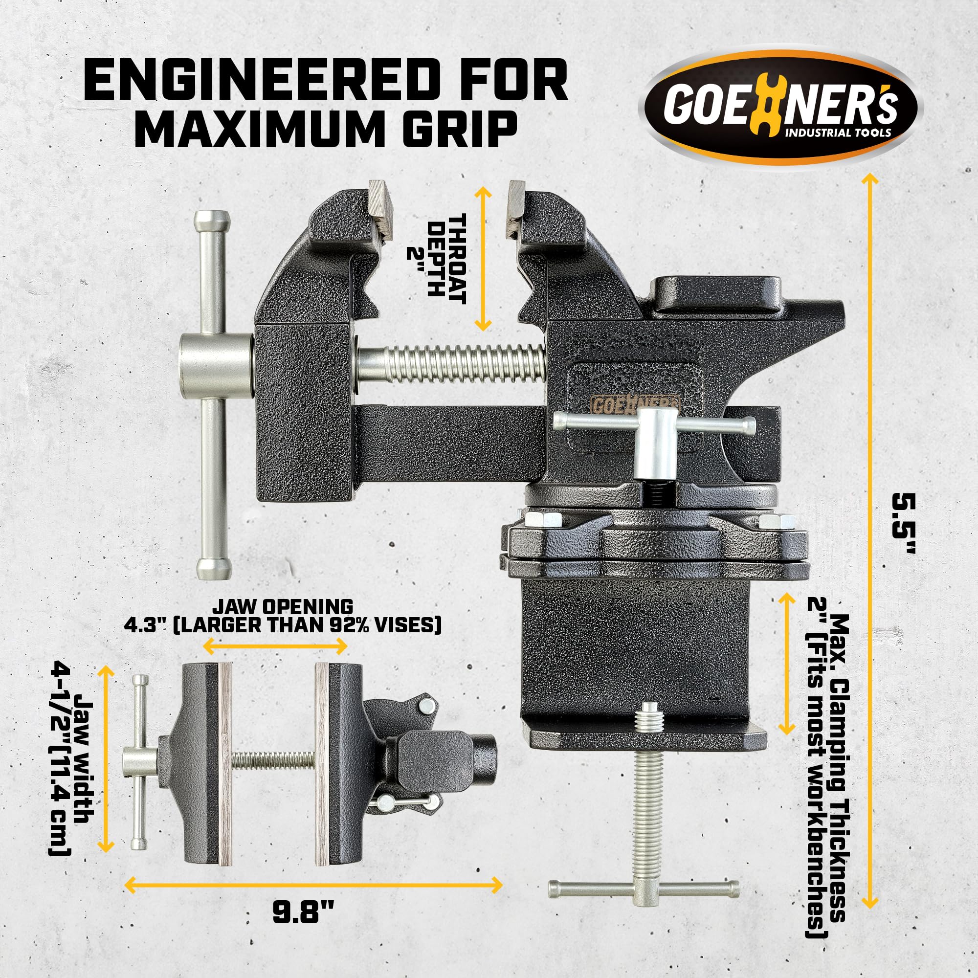 GOEHNER's bench vise includes bolts for quick, secure mounting.