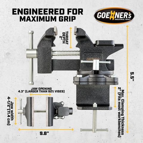 GOEHNER's bench vise includes bolts for quick, secure mounting.