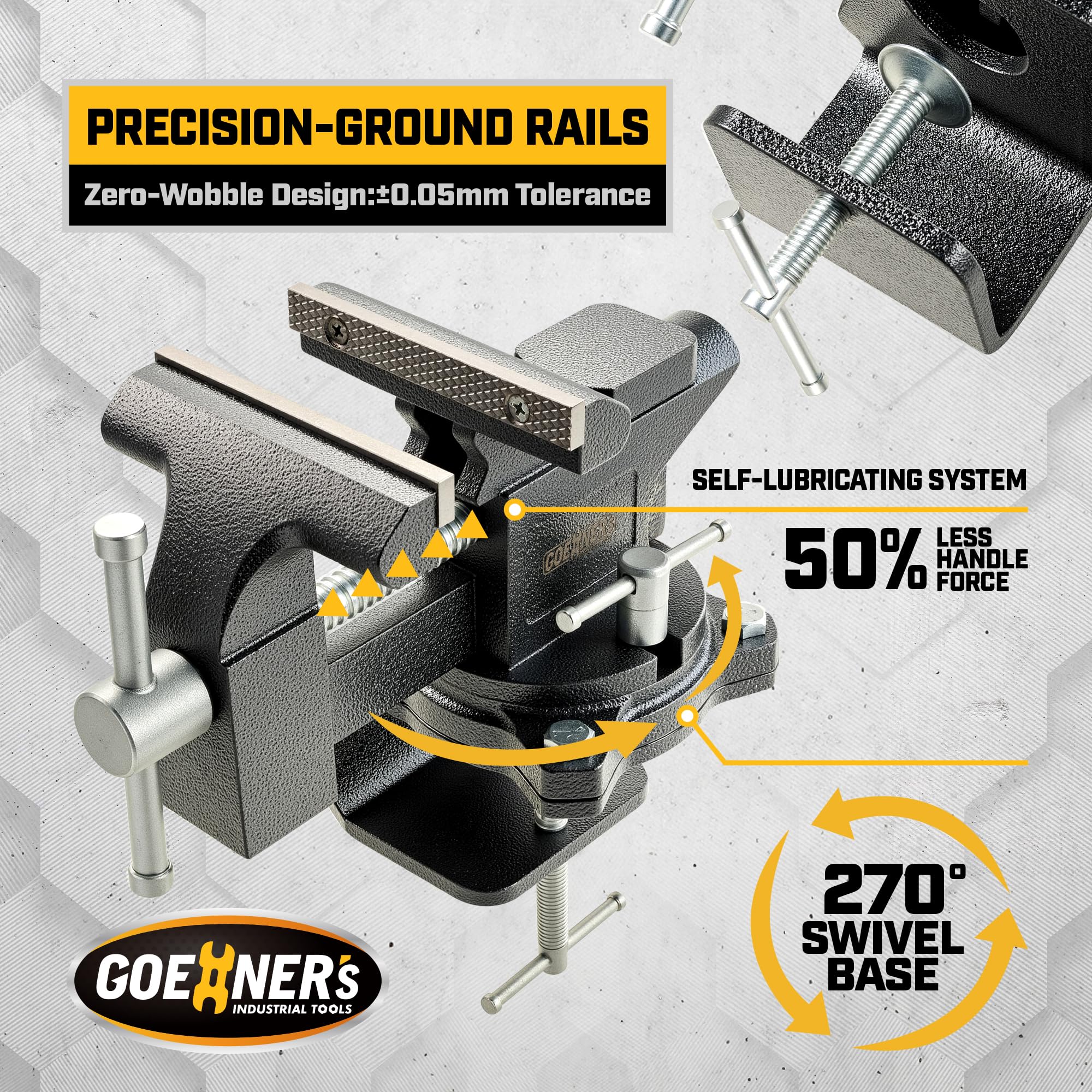 GOEHNER's bench vise mounted on a workbench delivers stable support.