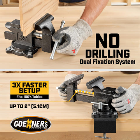 GOEHNER's bench vise pipe-and-flat jaw holds tubes and flat stock.