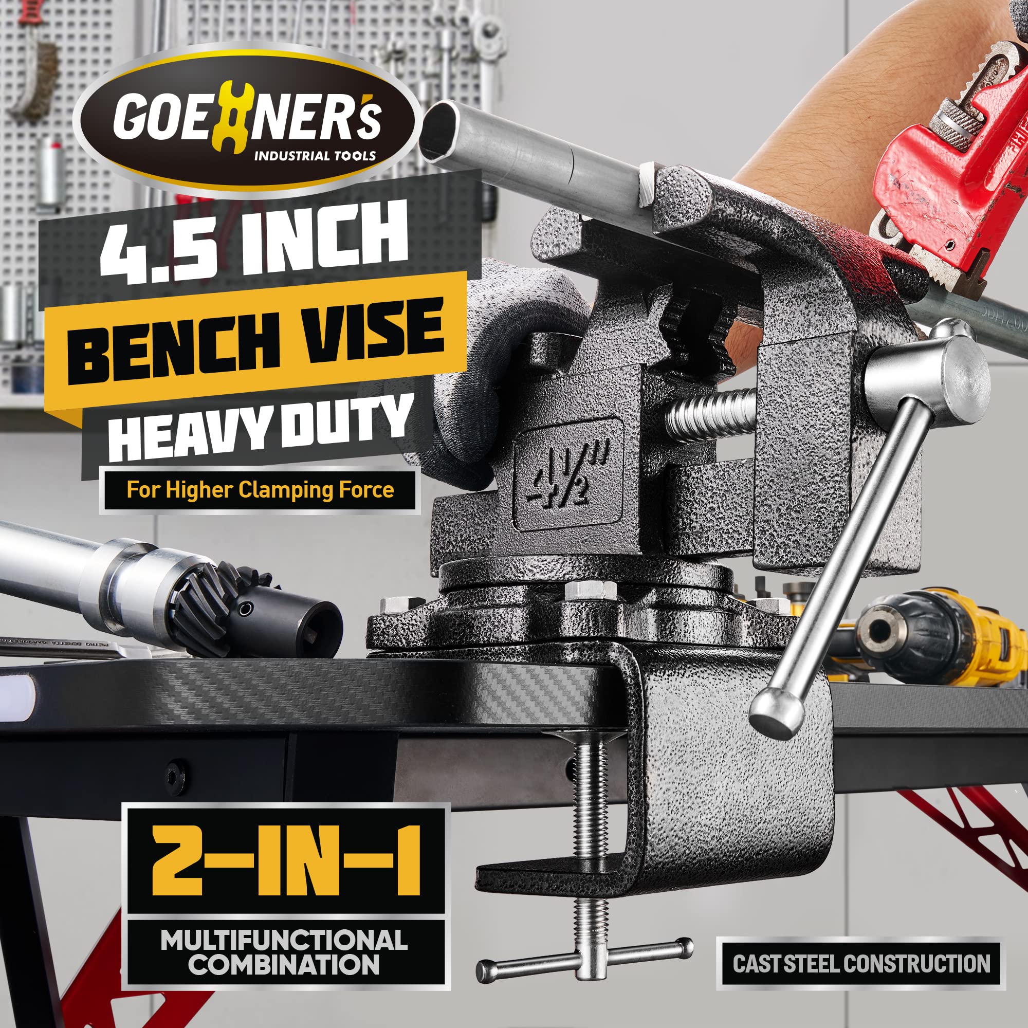 GOEHNER's bench vise with swivel base demonstrates easy material repositioning.