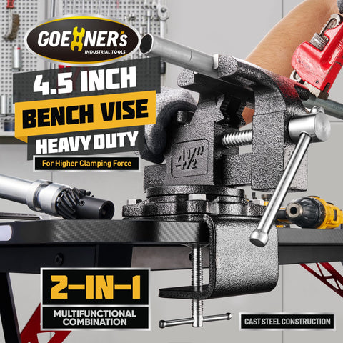 GOEHNER's bench vise with swivel base demonstrates easy material repositioning.