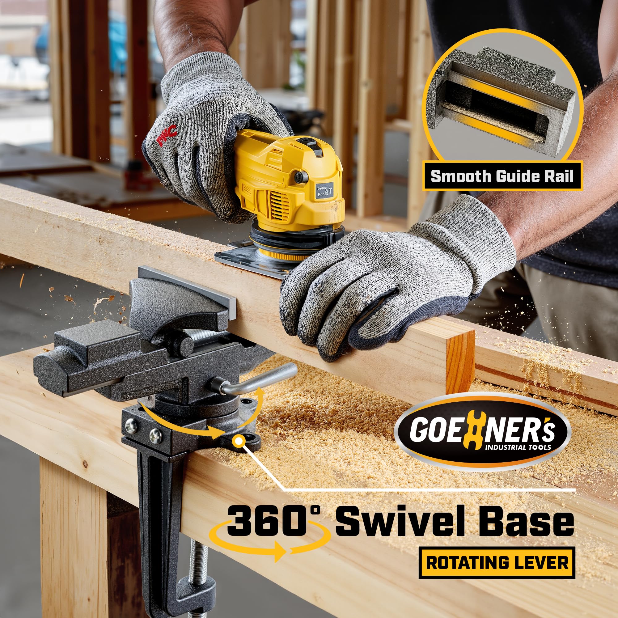 GOEHNER's bench vise clamps to tables up to 4 inches thick.