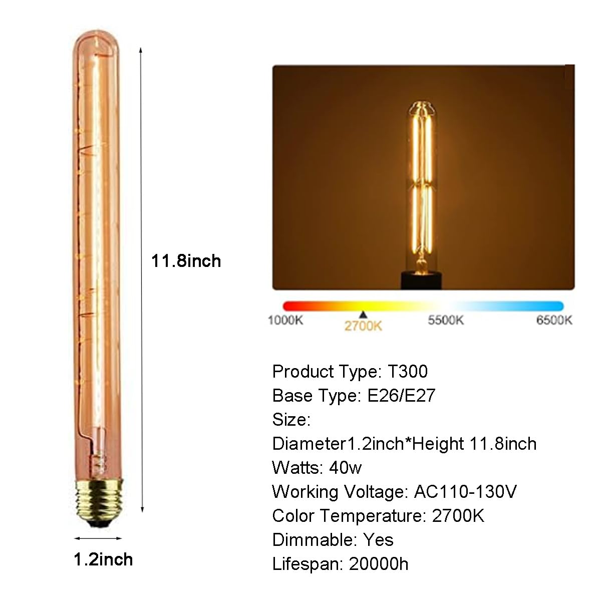 GOENDR T300 E26 base dimmable bulb for pendant lighting, seamless dimming