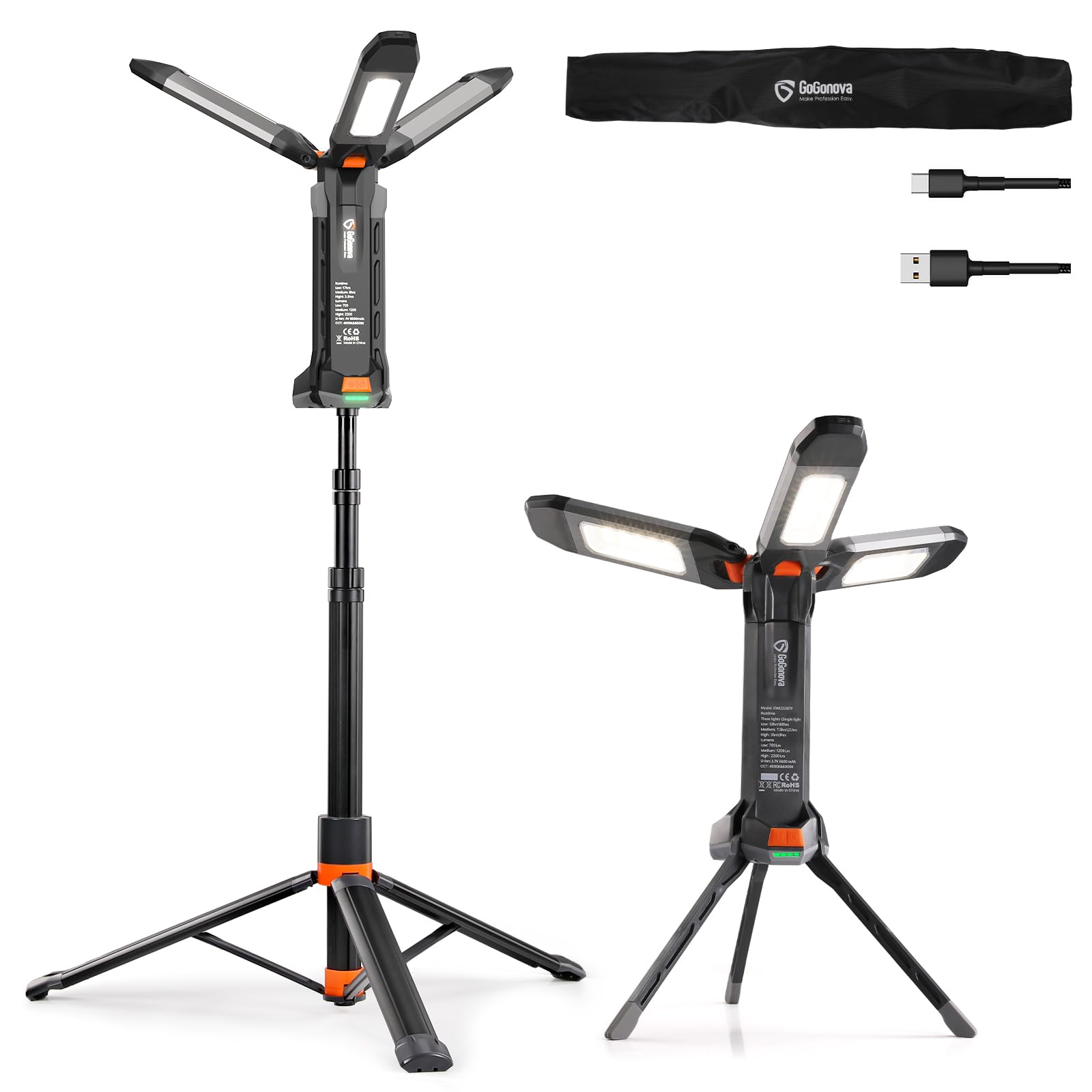 Gogonova 2025 rechargeable work light on a stand for indoor and outdoor use.