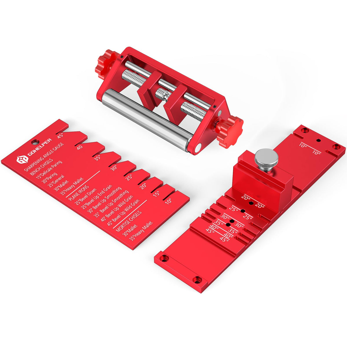 Gohelper chisel sharpening jig with angle fixture for precise bevels and setup