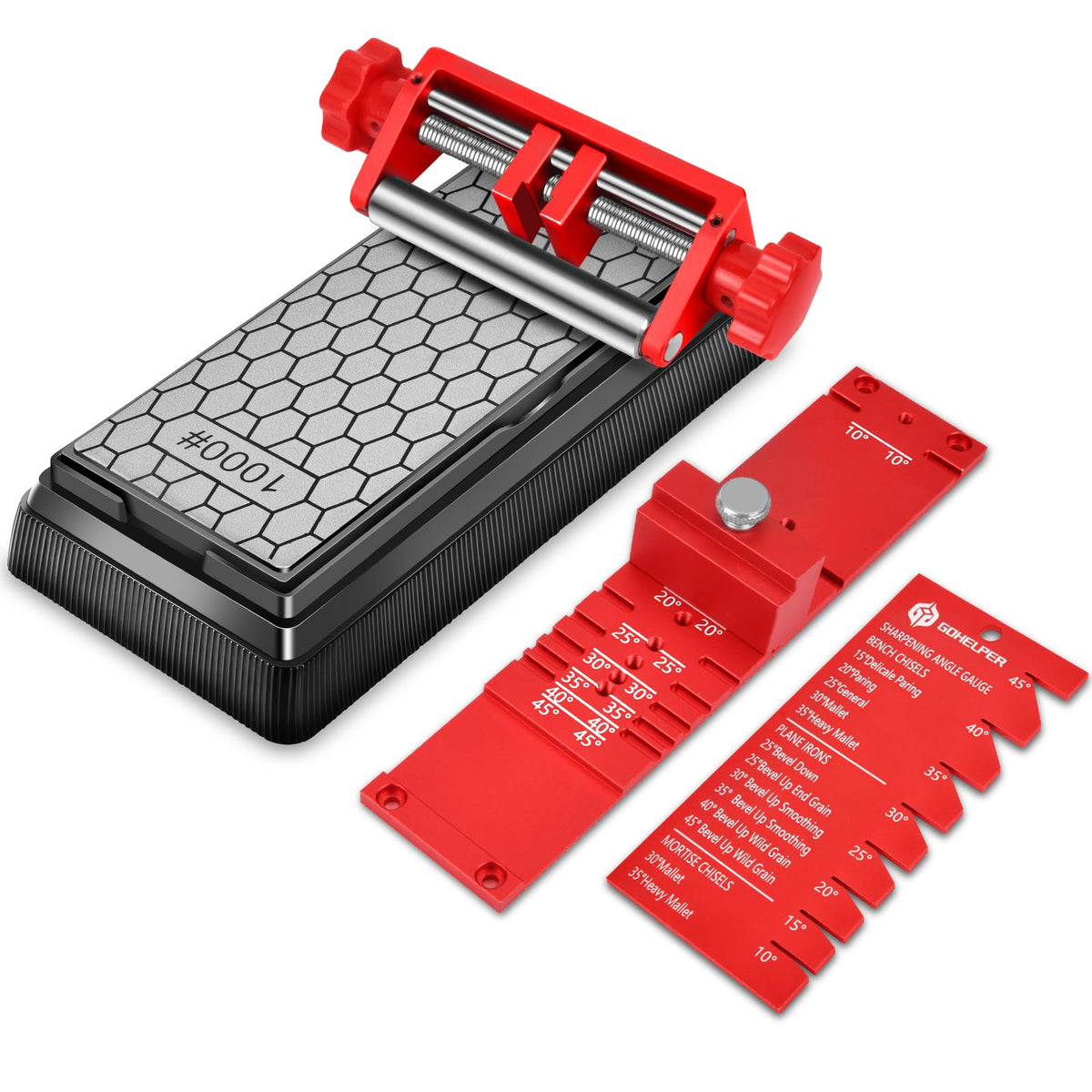 Gohelper chisel sharpening jig angle gauge demonstrates precise bevel alignment