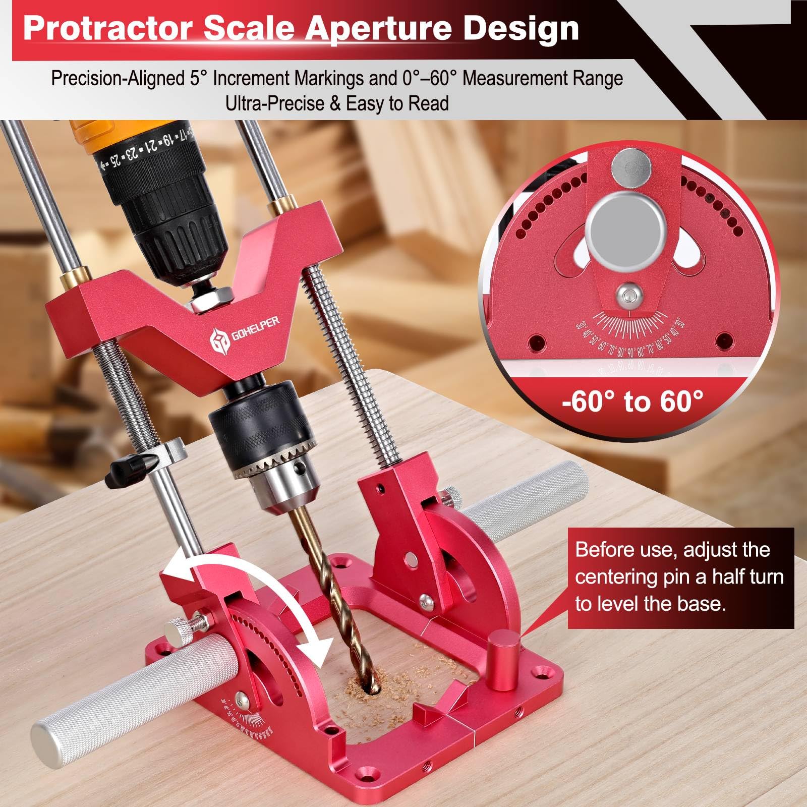 Gohelper drill press adapter fits hand drills for stable alignment.