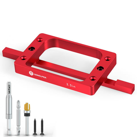 Gohelper hinge-template mounted on router guiding a precise door mortise