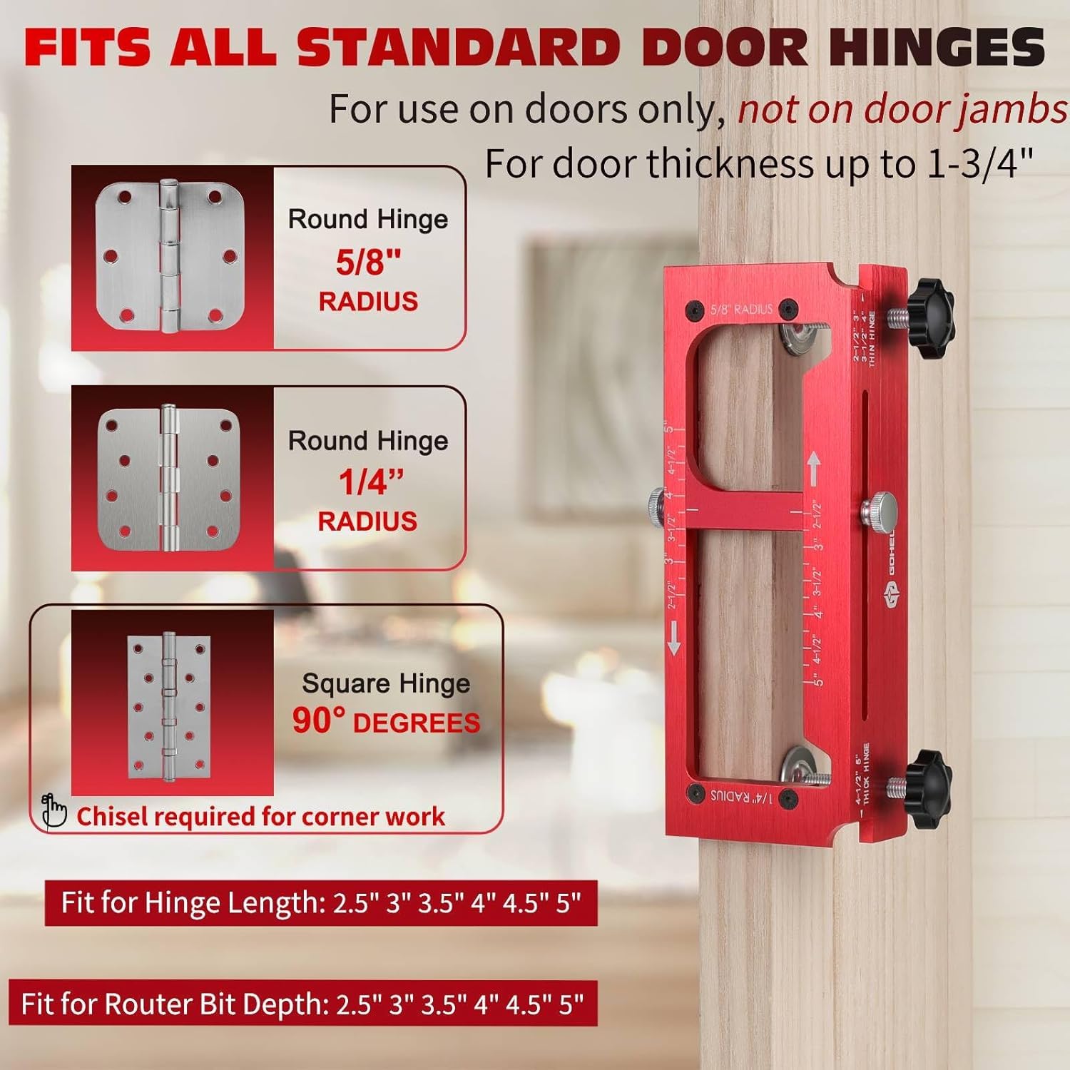 Gohelper router bit mounted for clean, accurate hinge mortises on wooden doors