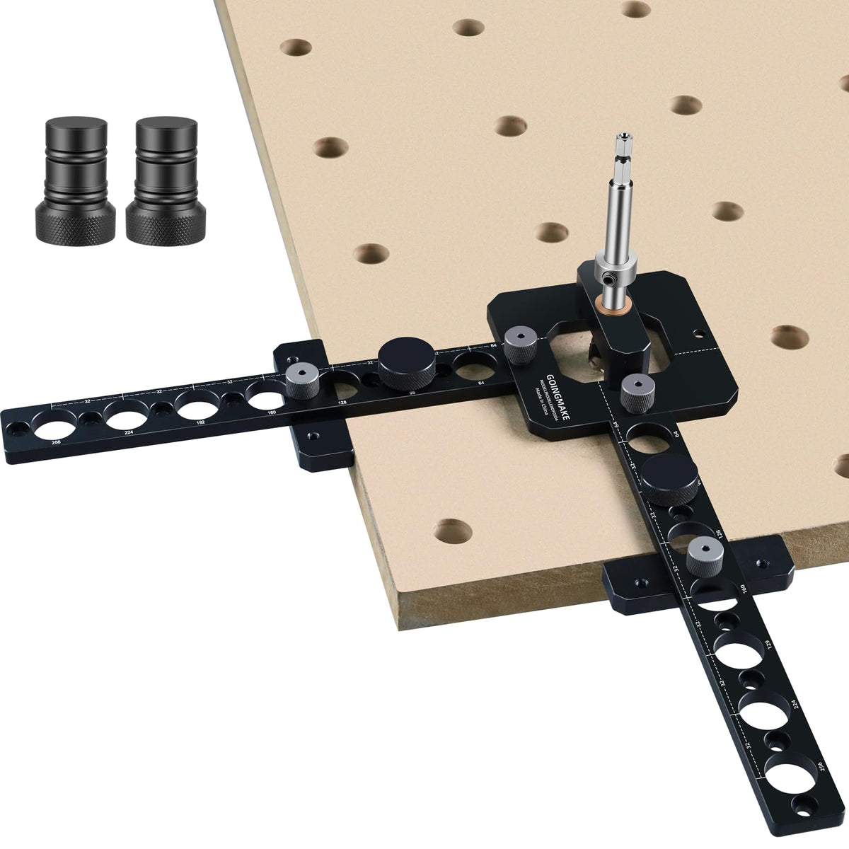 GOINGMAKE 20mm drill guide cover enabling quick, repeatable bench dog holes.