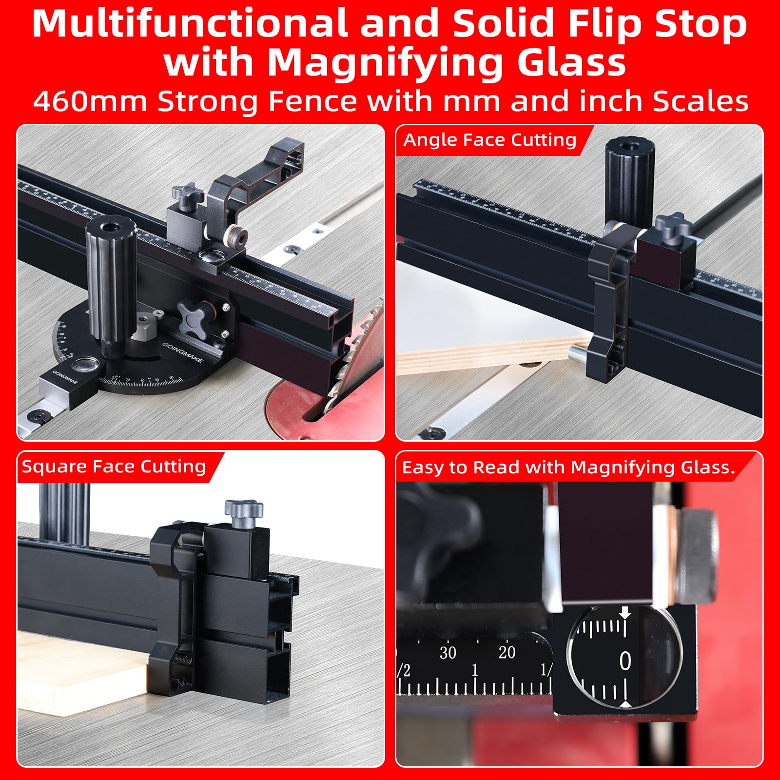 Goingmake laser-style scales provide clear angles for quick setup.