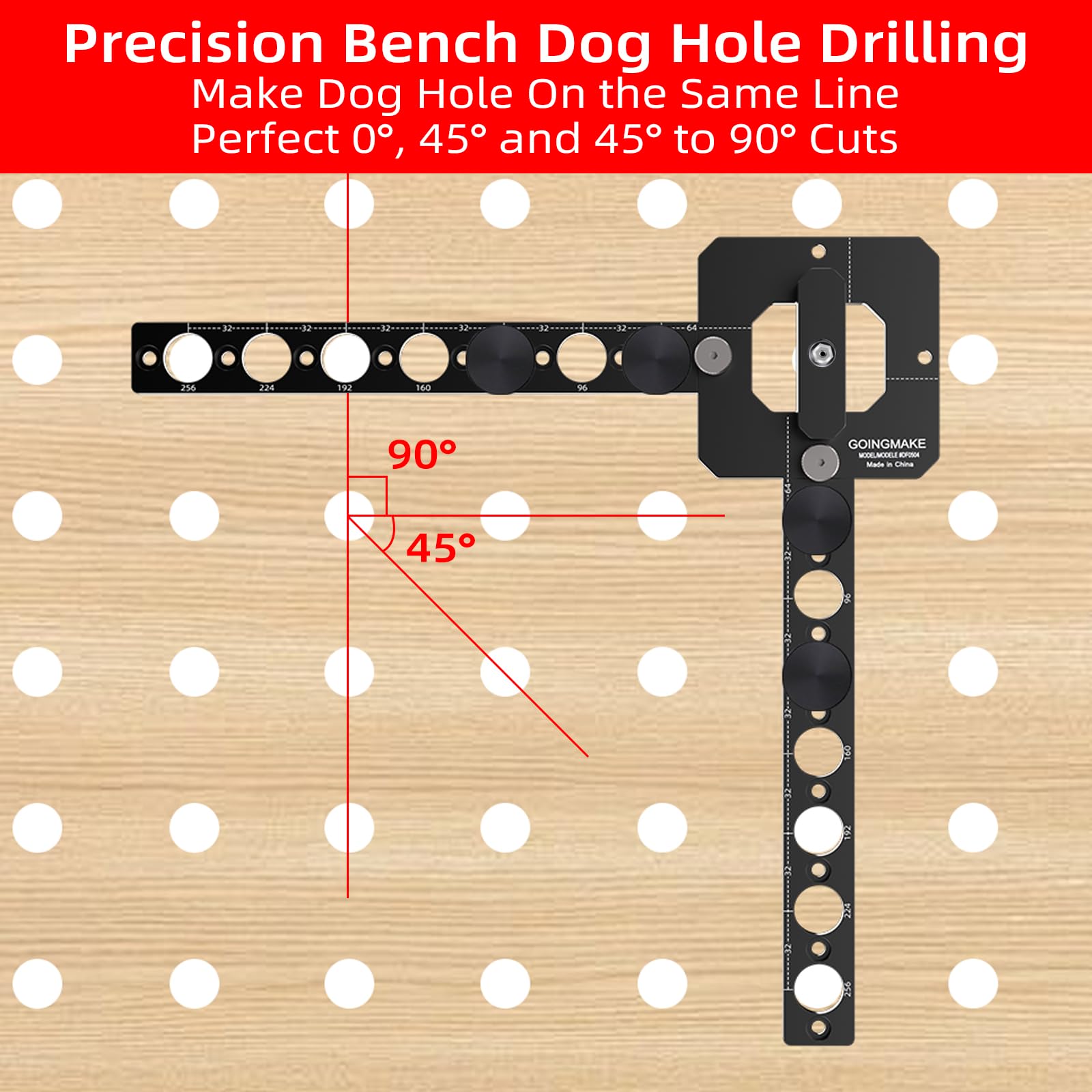 GOINGMAKE bench dog hole position pins ensure consistent hole spacing.