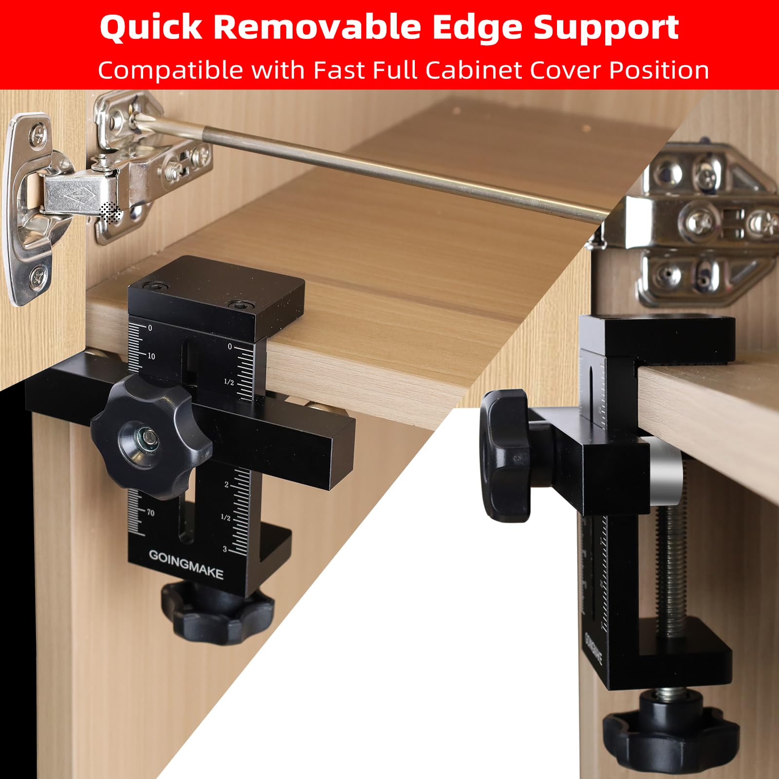 GOINGMAKE cabinet door mounting jig shows durable aluminum construction for accurate installs.