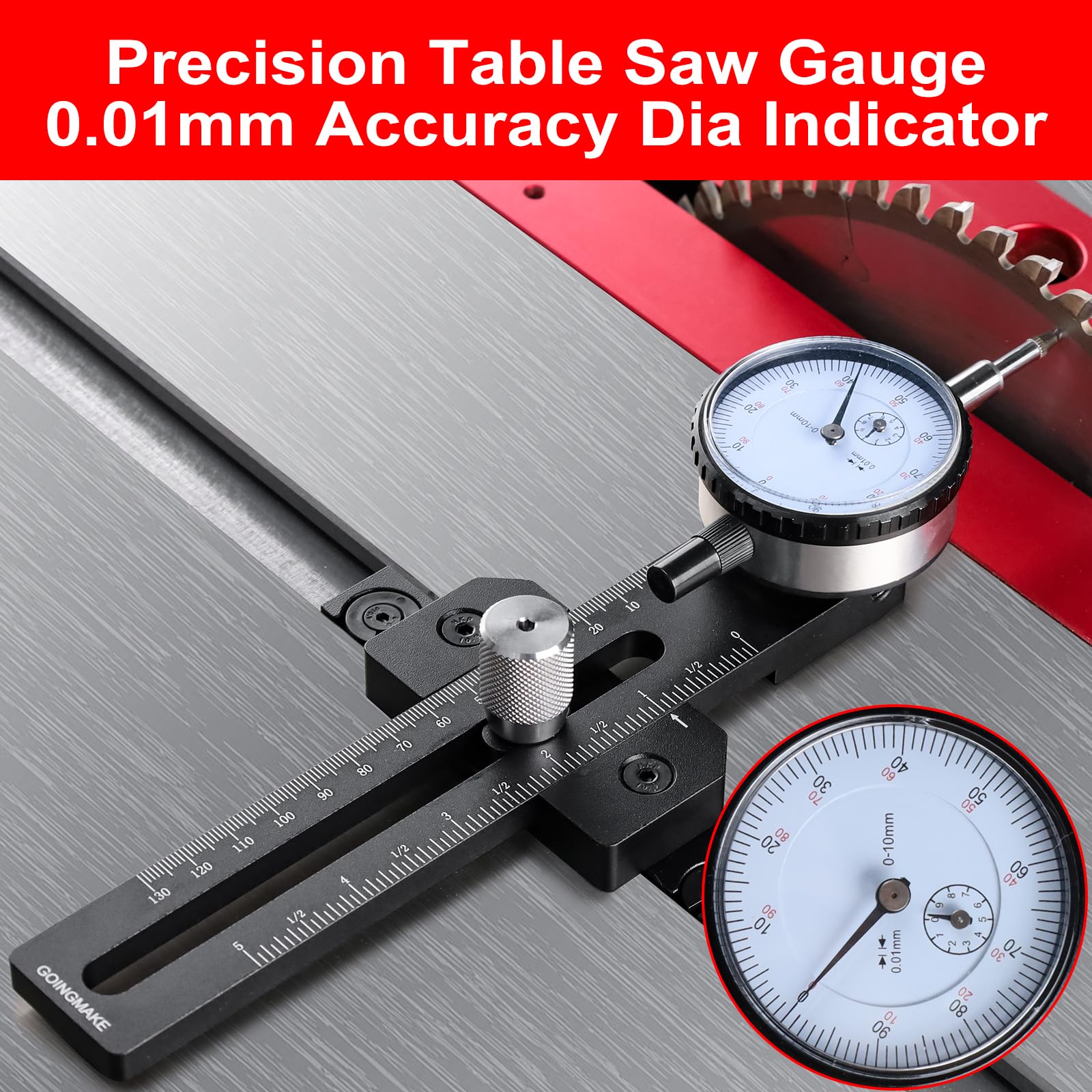 GOINGMAKE dial indicator with 0.01mm precision for accurate setup.