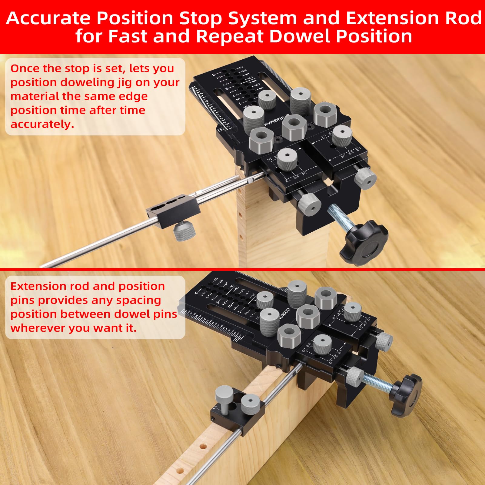 GOINGMAKE dowel jig kit repeat position stop for repeatable joints