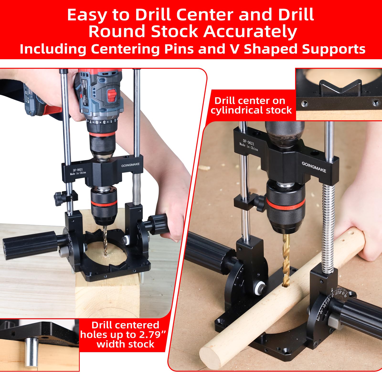 GoingMake drill guide features a wide base for stable, straight drilling.