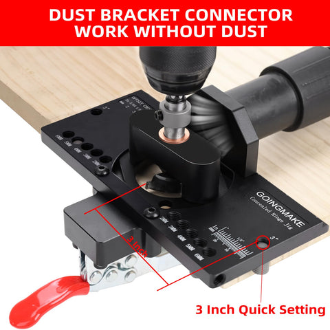 GoingMake dust vacuum adapter keeps workspace clean during hinge drilling.