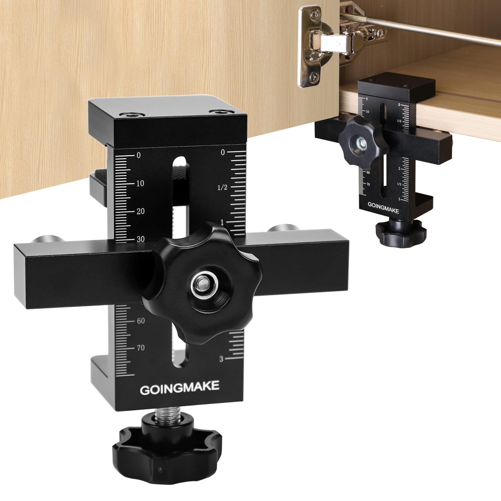 GOINGMAKE edge positioner in action for quick, precise cabinet door alignment.