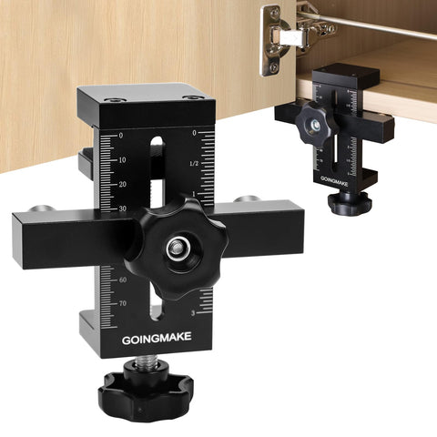 GOINGMAKE edge positioner in action for quick, precise cabinet door alignment.