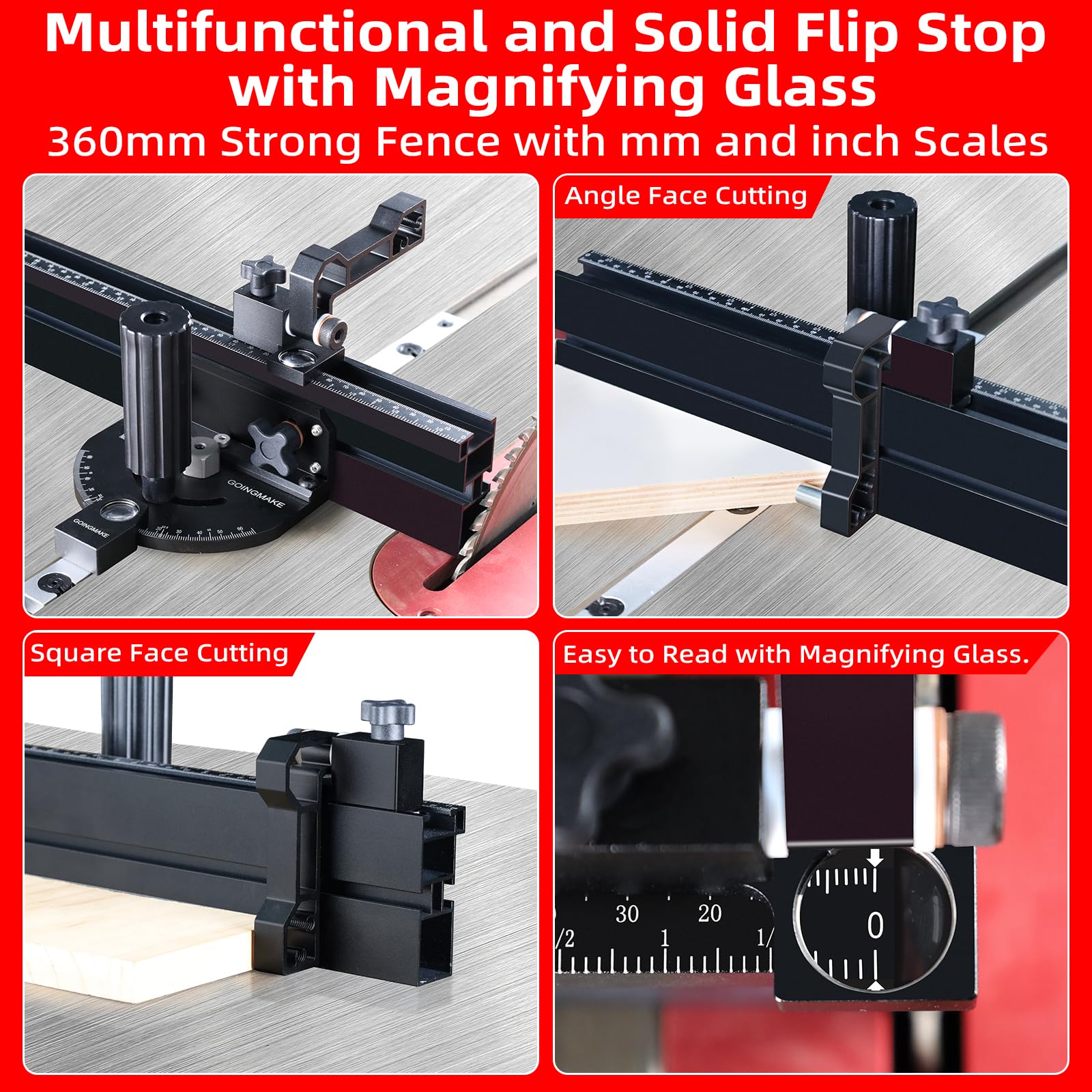 Locking handle and aluminum fence provide stability during precise cuts.
