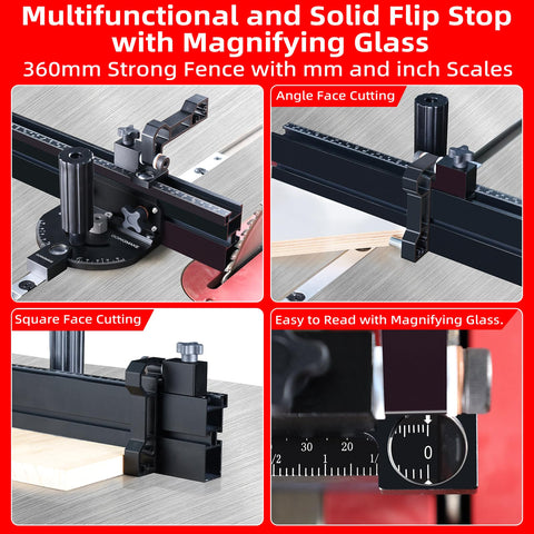 Locking handle and aluminum fence provide stability during precise cuts.