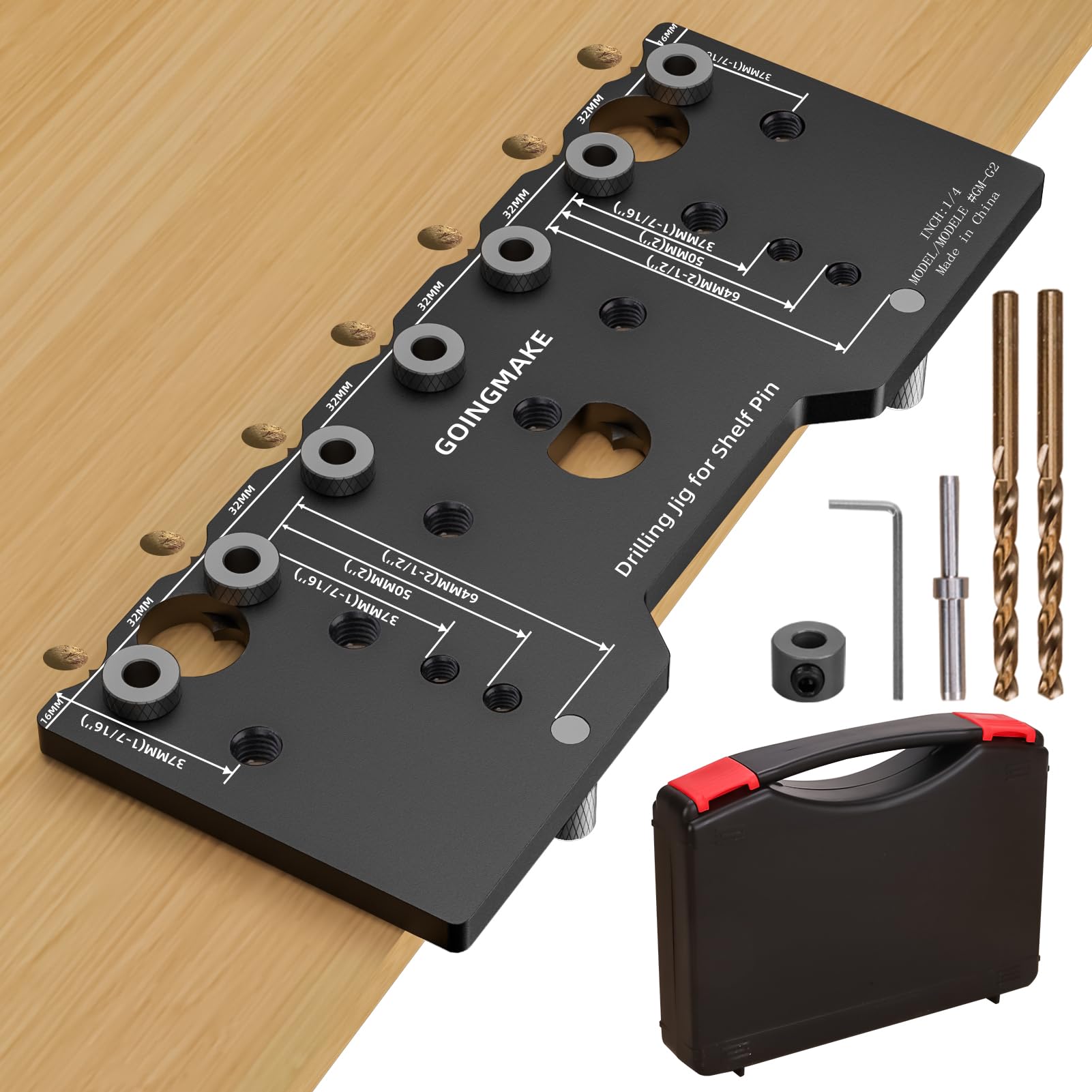 GOINGMAKE shelf pin jig in aluminum body for durable, precise hole drilling.