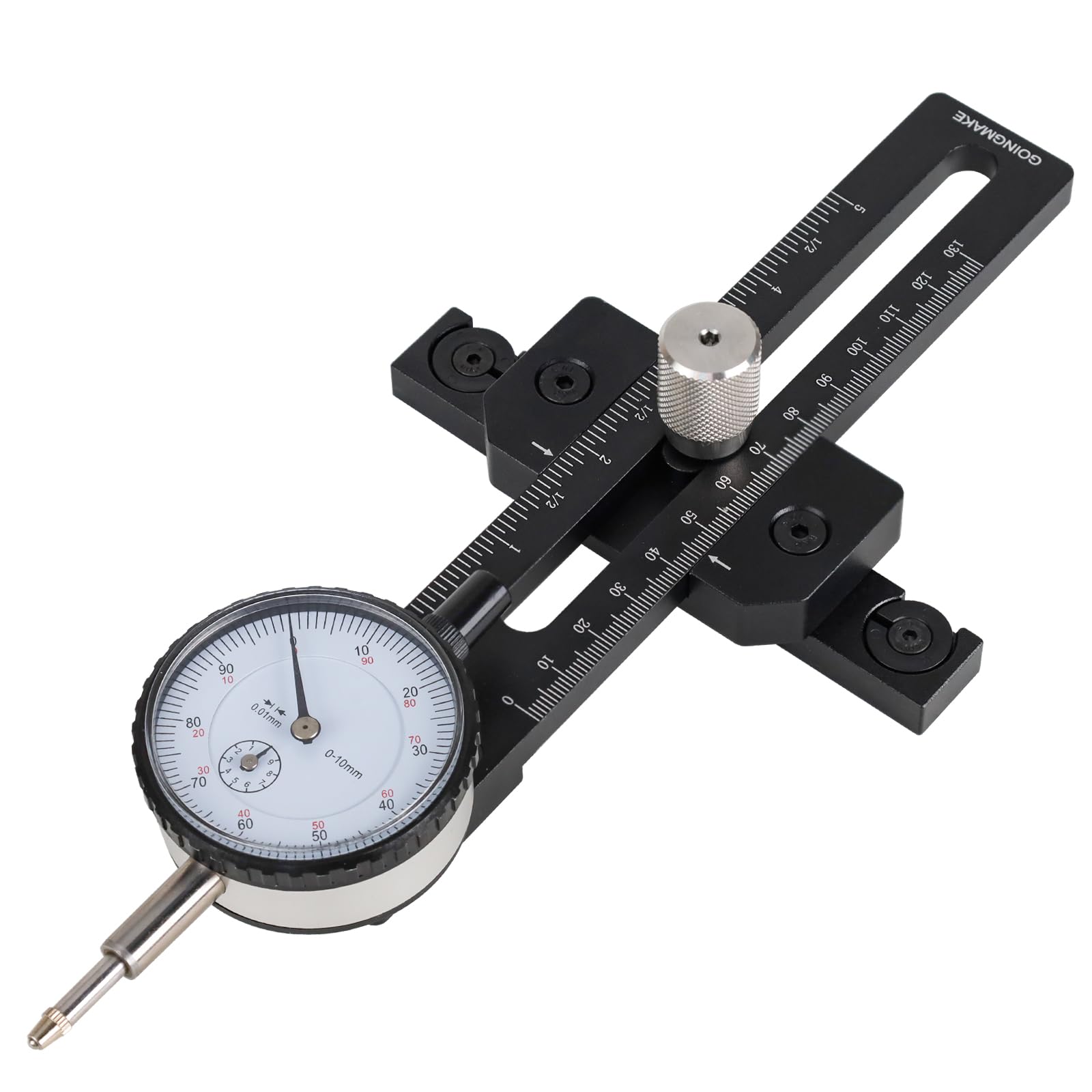 GOINGMAKE table saw gauge close-up showing precise blade-slot alignment.