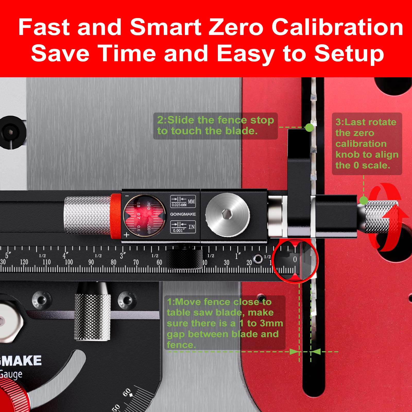 GOINGMAKE extendable fence reaches 36 inches for long crosscuts