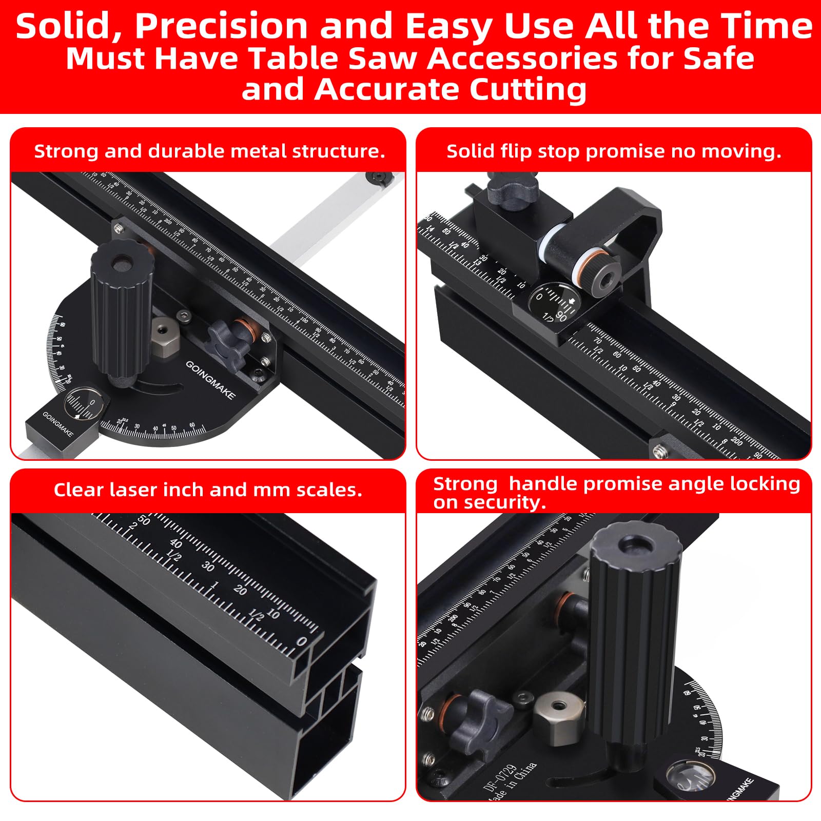 Goingmake miter gauge fits 3/8 x 3/4 inch slots on most table saws.