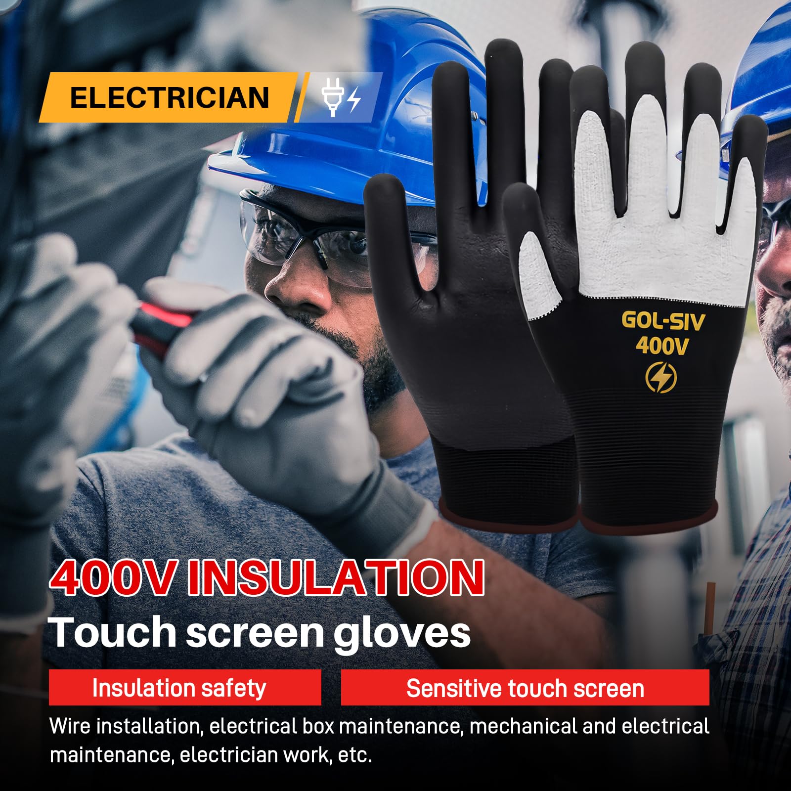 GOL-SIV insulated gloves 400V black closeup shows textured non-slip grip.