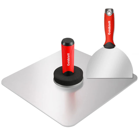 Goldblatt 13-inch aluminum drywall hawk shows mud area and safe rounded corners.