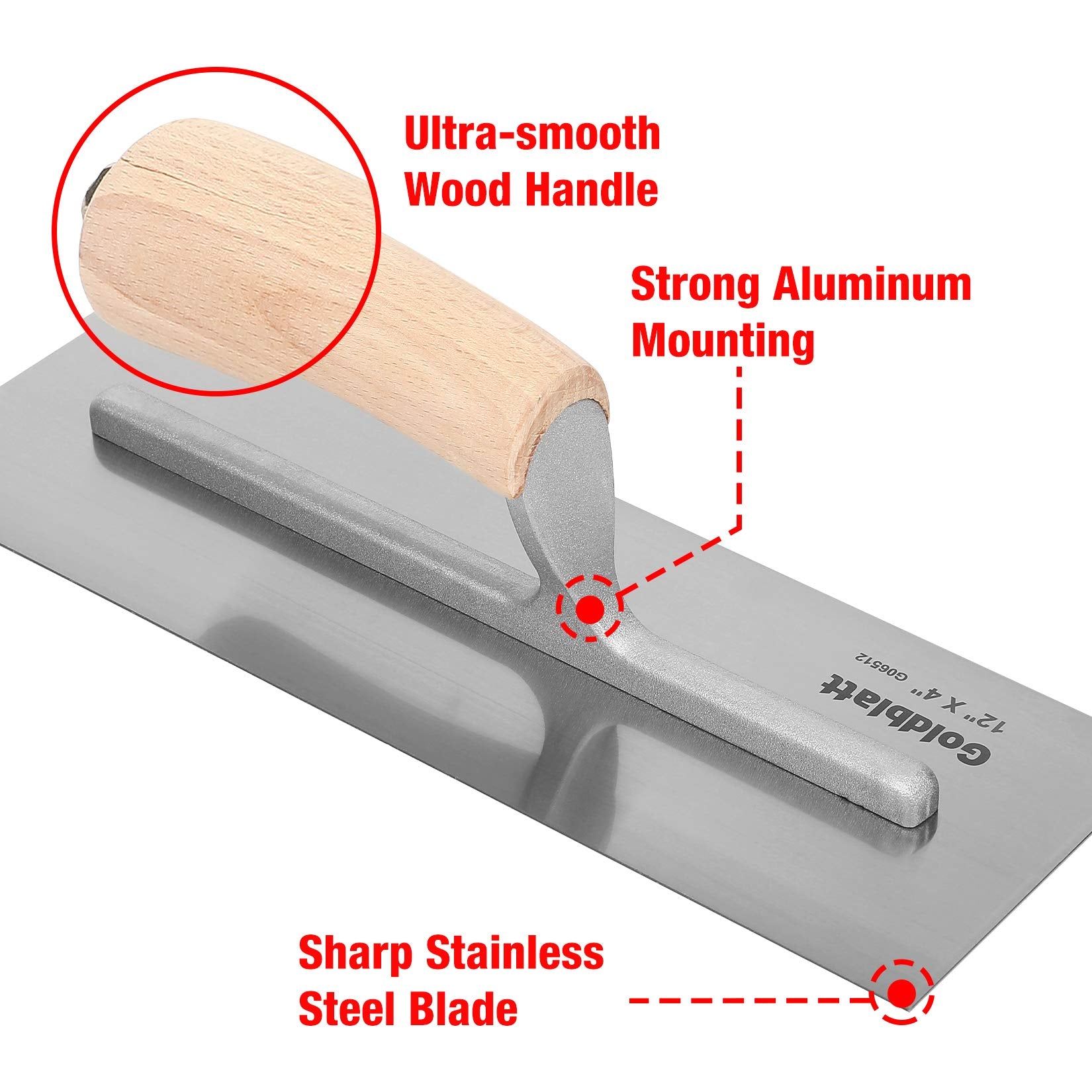 Flat blade design aids consistent applications on Goldblatt trowel